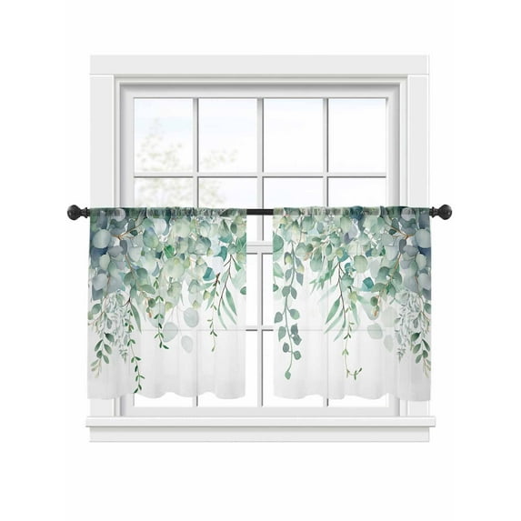 Teal Eucalyptus Leaves Sheer Curtains 45 Inch Length 2 Panels Set, Semi Transparent Voile Rod Pocket Curtains for Living Dining Room Bedroom Drapes Spring Floral Summer Botanical