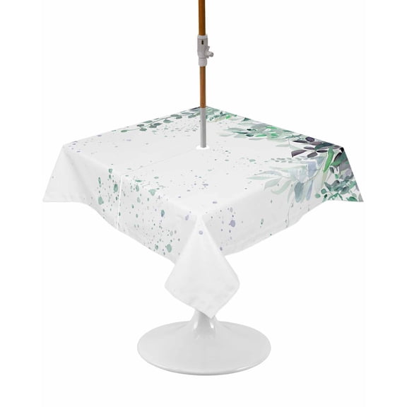 Teal Eucalyptus Leaves Square Outdoor Tablecloth, Waterproof Table Cloth Cover with Umbrella Hole and Zipper, Watercolor Spring Botanical Table Protector for Patio Party Picnic 54"x54"