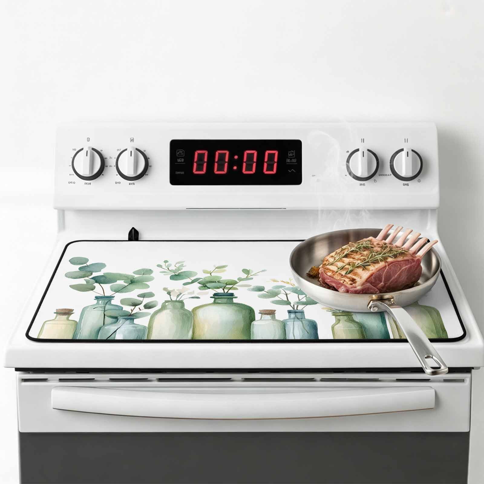 Teal Eucalyptus Leaves Stove Top Cover for Electric Stove, Heat-proof & Non Slip Glass Top Stove Cover Protector, Botanical Vase Birds Kitchen Flat Cooktop Rubber Mat 24x21 Inches