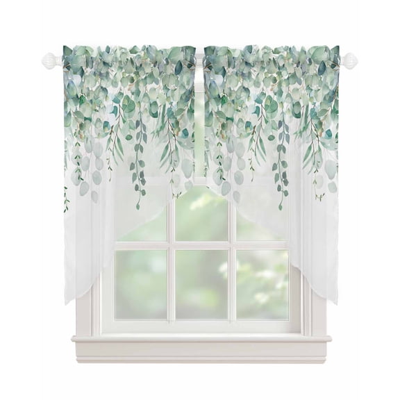 Teal Eucalyptus Leaves Swag Valances for Windows, Spring Floral Summer Botanical Rod Pocket Sheer Valances for Large Windows, Swag Toppers Light Filtering for Kitchen Living Room 2 Panels 36''x45''