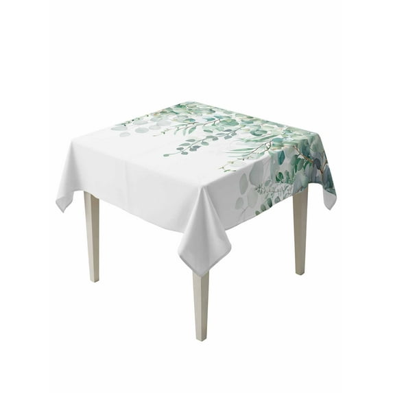 Teal Eucalyptus Leaves Table Cloth, Spring Floral Summer Botanical Waterproof Tablecloth for Square Tables, Reusable Washable Fabric Table Cover for Restaurant Kitchen Dining Tables 54"x54"
