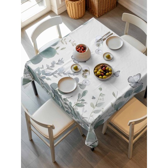 Teal Eucalyptus Leaves Tablecloth Square Table Cloth 54x54,Waterproof Outdoor Table Cloth Covers Decorative Table Protector,Butterflies Summer Botanical Washable Table Cover for Kitchen Dinning Party