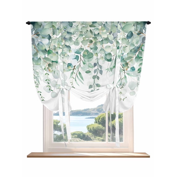 Teal Eucalyptus Leaves Tie Up Curtains for Windows 63 Inch Length Balloon Curtains Kitchen Adjustable Balloon Window Shade Spring Floral Summer Botanical Tie Up Valance Bathroom Curtain 52"x63"