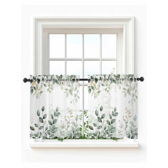 Teal Eucalyptus Leaves Tier Curtains 24 Inch Length,Sheer Curtains for Bedroom Living Room Window Summer Botanical Spring Weeping Small Half Window Kitchen Curtains & Drapes 27.5"x24" 2 Panels