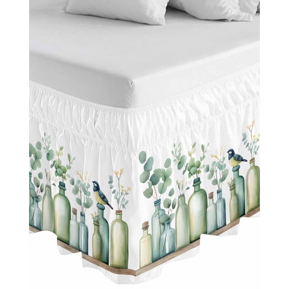 Teal Eucalyptus Leaves Wrap Around Bed Skirts for Queen Bed 16" Drop, Bed Skirt with Adjustable Elastic Belt Dust Ruffle Bed Valance for Bedroom Hotel Luxury Botanical Vase Birds Bed Frame Cover