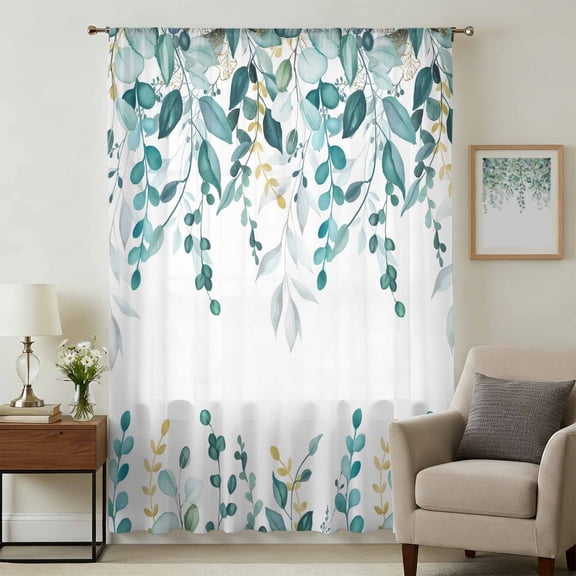 Teal Eucalyptus Sheer Curtains 96 Inches Long for Living Room, Watercolor Spring Weeping Botanical Light Filtering Privacy Drapes, Breathable Semi Sheer Window Treatment for Bedroom Dining Room