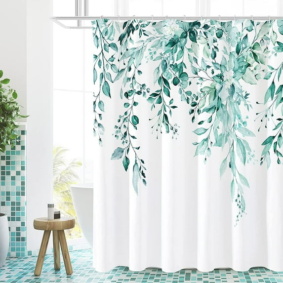 Teal Eucalyptus Shower Curtain, Watercolor Plant Leaves with Floral Bathroom Shower Curtain Set with Hooks, 72x72