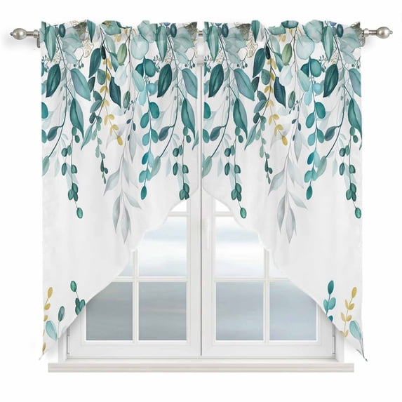 Teal Eucalyptus Swag Valances for Windows 2 Pack, Kitchen Window Curtains 36 Inch Length, Watercolor Spring Weeping Botanical Privacy Swag Curtains for Living Room/Bathroom with Rod Pocket 36"x36"