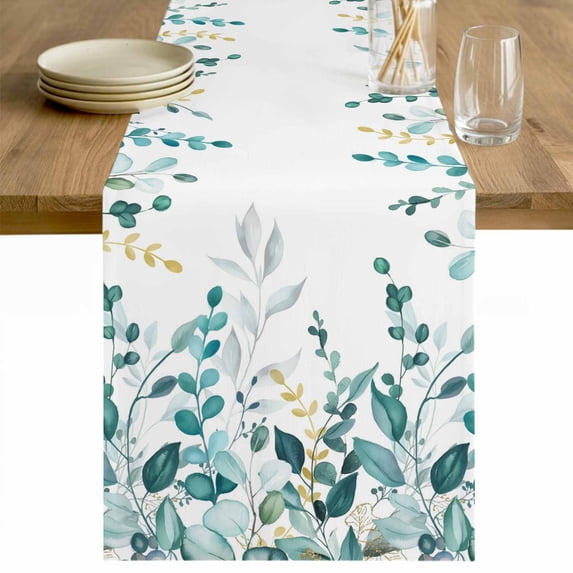 Teal Eucalyptus Table Runner - 36 Inch Long Watercolor Spring Weeping Botanical Cotton and Linen Blended Dress Scarves Farmhouse Table Runner for Kitchen Dining, Coffee Table, 13" x 36"