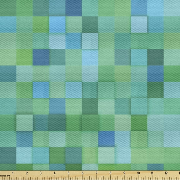 Ambesonne Teal Fabric by the Yard Upholstery, Cube Pattern Vibrant Color, 2 Yards, Sea Green Blue