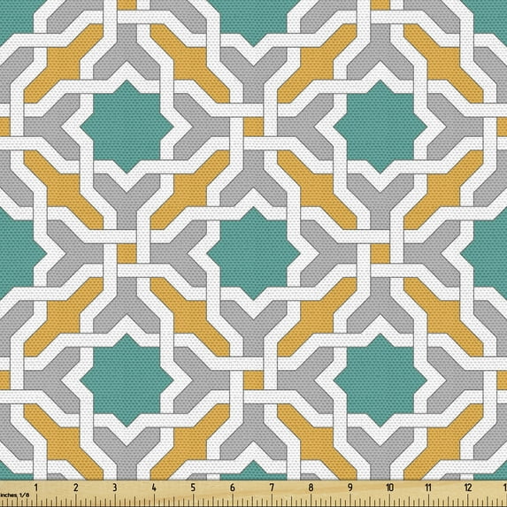 Teal Fabric by the Yard, Abstract Geometric Pattern Eastern Oriental Symmetric Design Print, Decorative Upholstery Fabric for Sofas and Home Accents, 10 Yards, Mustard Teal and Grey by Ambesonne