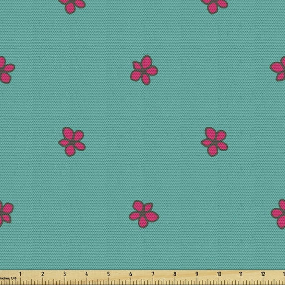 Ambesonne Teal Fabric by the Yard Upholstery, Pink Wild Flowers Nature, 1 Yard, Teal Hot Pink