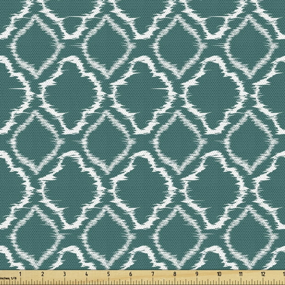 Ambesonne Teal Fabric by the Yard Upholstery, Traditional Ikat Pattern, 1 Yard, Teal White