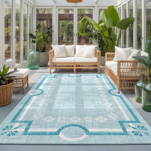 Teal Farmhouse 8'x10' Large Area Rugs Linen Texture Geometric Lines Floral Washable Area Rugs Non-Slip Indoor Floor Mats Large Carpet for Living Room Bedroom Dining Room