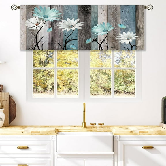 Teal Farmhouse Daisy Curtain Valance for Window Treatments Wooden Flower Rod Pocket Kitchen Treatment Rustic Floral Butterfly Country Drapes for Bathroom Bedroom Living Room (52x18 Inch)