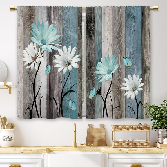 Teal Farmhouse Daisy Kitchen Curtains Wooden Flower Small Short Cafe Window Curtains Rustic Floral Butterfly Country Bathroom Drapes Treatment Tier Curtains 2 Panels (27.5x39 Inch)