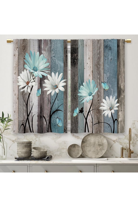 Teal Farmhouse Daisy Kitchen Curtains Wooden Flower Small Short Cafe Window Curtains Rustic Floral Butterfly Country Bathroom Drapes Treatment Tier Curtains 2 Panels (27.5x39 Inch)