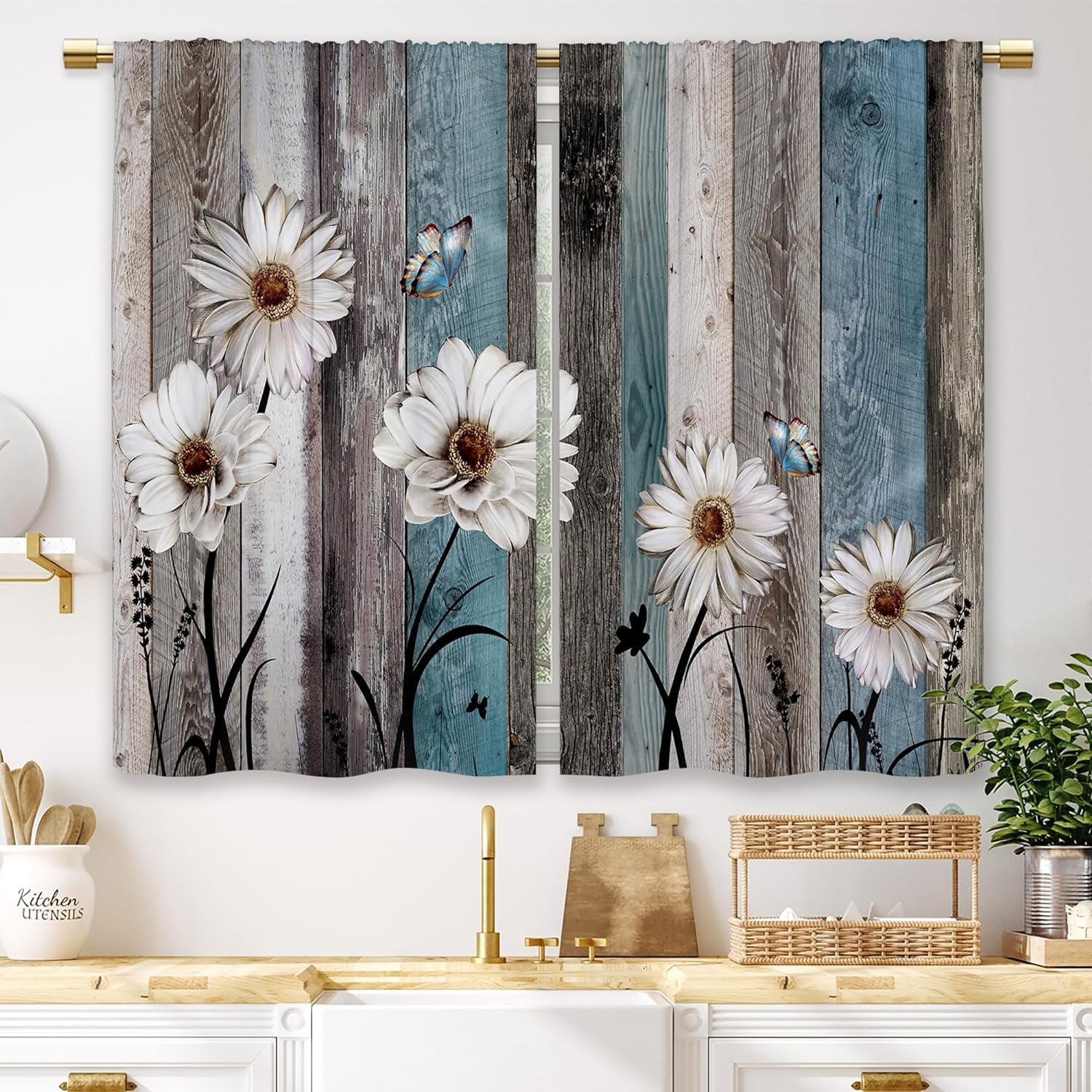 Teal Farmhouse Daisy Kitchen Curtains Wooden Flower Turquoise Small ...