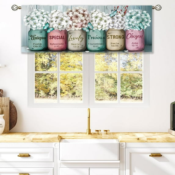 Teal Farmhouse Floral Curtain Valance for Window Treatments Rustic Flower Kitchen Treatment Country Wooden Barn Inspirational Drapes for Bathroom Bedroom Living Room 1 Panel (52x18 Inch)