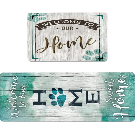 Teal Farmhouse Kitchen Floor Mats Set of 2 Anti-Fatigue 0.4 Inch Thick Green Rustic Cute Home Kitchen Rugs Non Slip Waterproof Comfort PVC Mat Decor for Sink Laundry 17.3 x 28+17.3 x 47 Inch