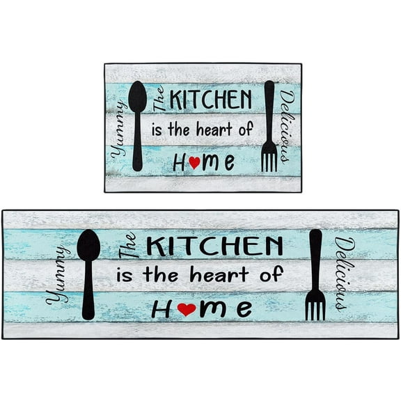 Teal Farmhouse Kitchen Rugs and Mats Non Skid Washable Set of 2, Turquoise Wooden Texture Kitchen Floor Mats, Vintage Home Kitchen Runner Rug, Rustic Kitchen Decor