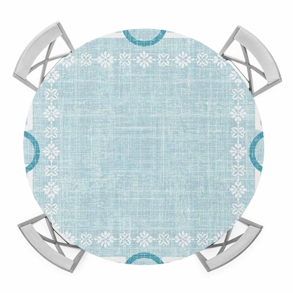 Teal Farmhouse Round Table Cover, Linen Texture Geometric Lines Floral Waterproof Fitted Tablecloths for 45"-54" Tables, Washable Picnic Table Cover for Camping Dining Indoor Outdoor