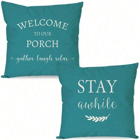 Teal Farmhouse Throw Pillow Cover Set of 2 - Welcome To Our Porch Stay Awhile Outdoor Decor