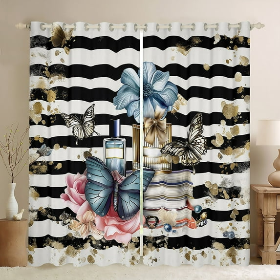 Teal Fashion 30%-50% Blackout Curtains for Women Blue Butterfly Curtains Modern Girly Black White Gloden Stripe Bedroom Curtains Romantic Makeup Themed Window Curtains Pink Floral Curtains,84"Wx90"L