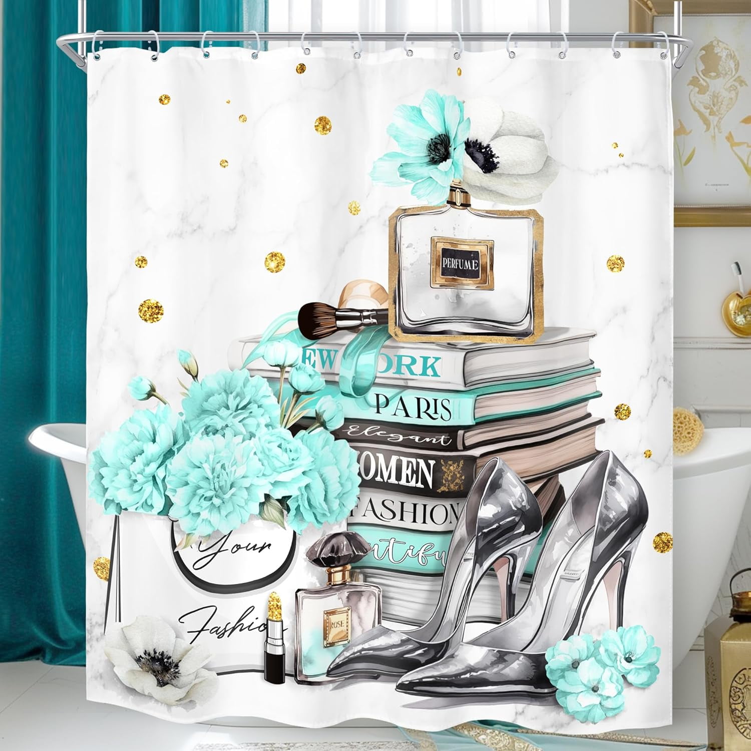 Teal Fashion Shower Curtain Girly Modern Flower Perfume for Girls Women  Fashionable Bathroom Curtain High Heels Books Bath Curtain Bathroom  Accessories Decor with Hooks-36\, image size:1500x1500