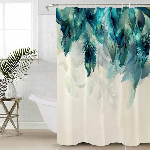 Teal Feather Bathroom Curtain 78 Inch Shower Curtain with Hooks, Farmhouse Feather Art Teal Ombre Waterproof Polyester Bath Curtain Washable Bathtub Curtain 54''x 78''