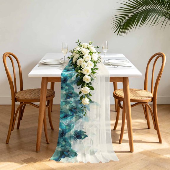 Teal Feather Chiffon Wedding Table Runner 120 Inches Long, Farmhouse Feather Art Teal Ombre Voile Sheer Tulle Runner for Rustic Reception Bridal Shower Decorations Birthday Party