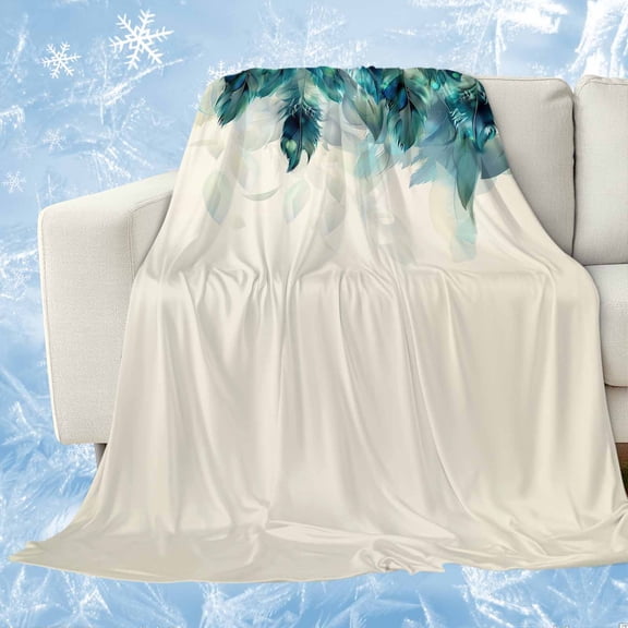 Teal Feather Cooling Blanket for Hot Sleepers, Soft Breathable Cool Summer Blanket for Night Sweats, Farmhouse Feather Art Teal Ombre Lightweight Ice Silk Sofa Throw Blankets All Season 30"x40"