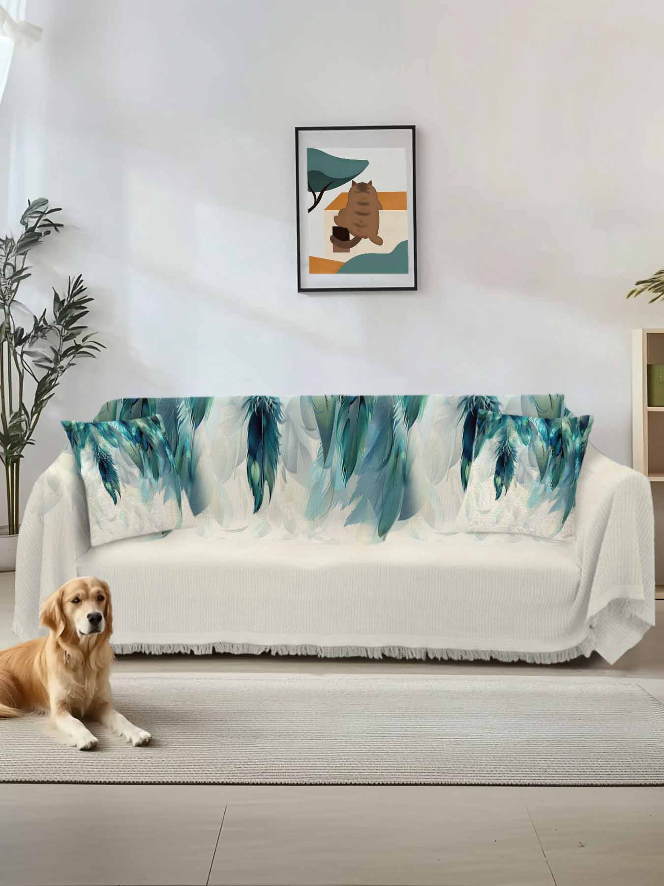 Teal Feather Couch Cover, Farmhouse Feather Art Teal Ombre Sofa Cover Blanket for Loveseat Couches, Sectional Sofa Slipcover Furniture Protector for Living Room Bedroom 71''x118''