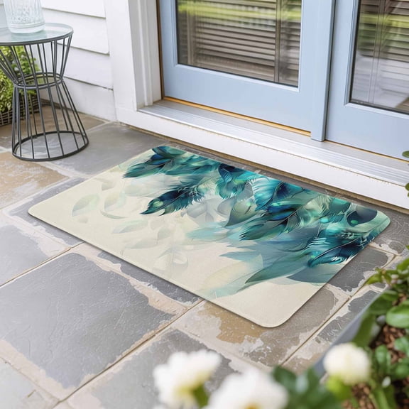 Teal Feather Door Mat Indoor Outdoor, Farmhouse Feather Art Teal Ombre Non Slip Welcome Mat with Rubber Backing, Absorbent Fabric Front Door Mats Entryway Rug for Home Patio Entrance 16"x24"
