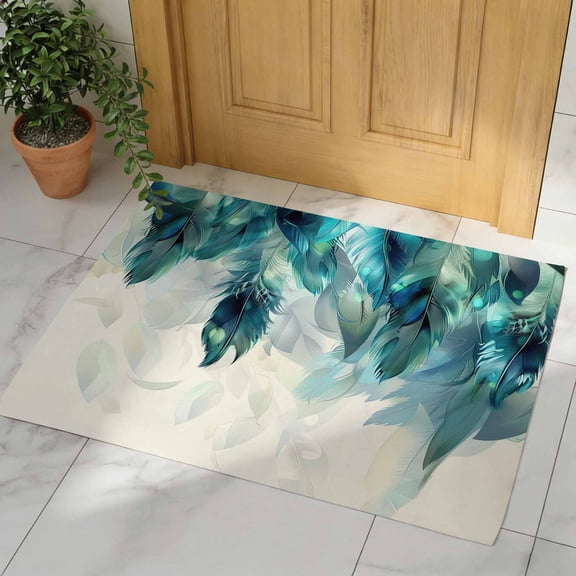 Teal Feather Door Mat, Non Slip Bathroom Rugs, Farmhouse Feather Art Teal Ombre Absorbent Floor Mats, Washable Runner Rug Indoor Doormat for Front Door Entrance, Patio, Garage 16"x24"