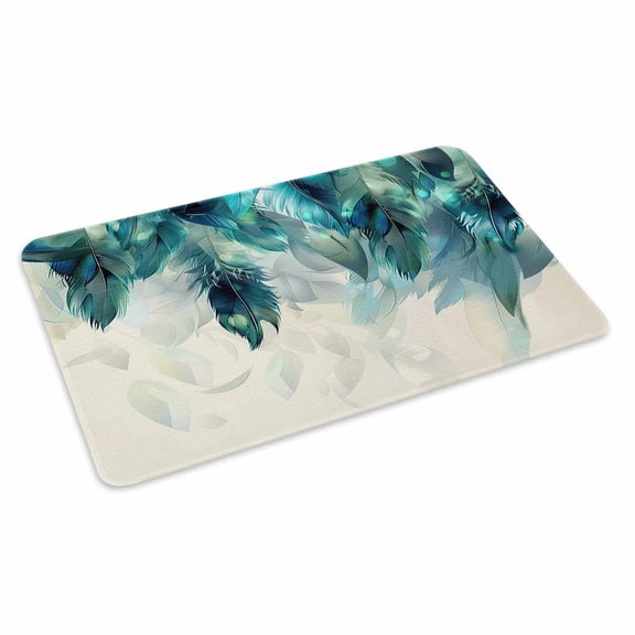 Teal Feather Doormat Outdoor Entrance 16"x24", Farmhouse Feather Art Teal Ombre Absorb Moisture Dirt Door Mats, Non-Slip Rubber Backing Floor Mats Indoor, Low-Profile Front Door Rugs