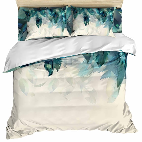 Teal Feather Duvet Cover Set, Farmhouse Feather Art Teal Ombre Soft Duvet Cover Queen Size Bedding Set 4 Pieces, 1 Quiltcover and 2 Pillowcases with Zipper, 1 Bed Sheet for All Seasons