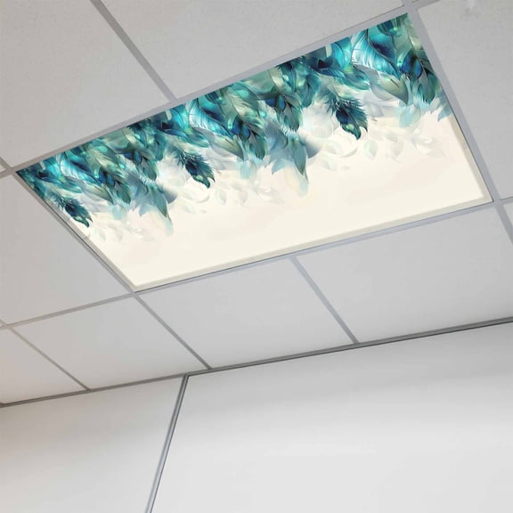 Teal Feather Fluorescent Light Covers, Farmhouse Feather Art Teal Ombre Magnetic Light Covers for Ceiling Lights, Fluorescent Ceiling Shade Filters for Classroom Bedroom Office 4x2Ft x 1PCS