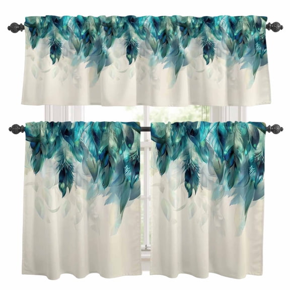 Teal Feather Kitchen Curtains, Farmhouse Feather Art Teal Ombre Kitchen Curtains and Valances Set of 3, Light Filtering Tailored Tier Curtain 24 Inch Length Drapes for Cafe Sink Bedroom