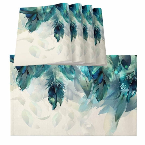 Teal Feather Placemats for Dinning Table Set of 6, Farmhouse Feather Art Teal Ombre Burlap Kitchen Place Mats Waterproof Cloth Table Mats, Indoor Outdoor Placemats Easy Clean Dinner Decor