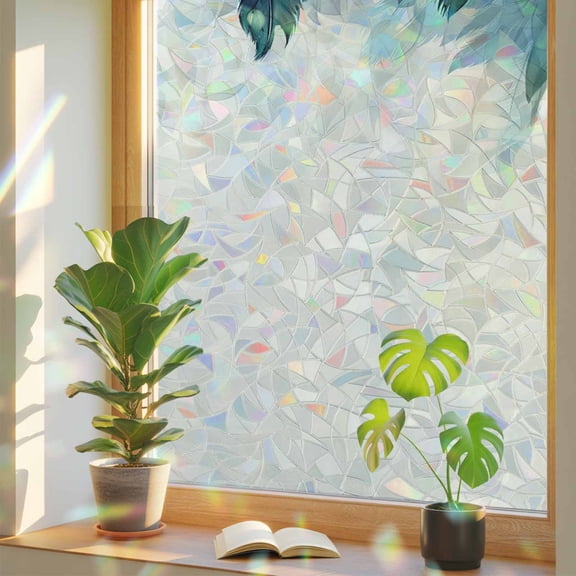 Teal Feather Privacy Window Film, Decorative Stained Glass Window Film, Farmhouse Feather Art Teal Ombre Resuable Rainbow Static Cling for Home Bathroom Living Room Glass Door 19.6"x39.3"