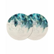 Teal Feather Round 13 Inch Placemats Set of 2, Farmhouse Feather Art Teal Ombre HeatResistant Non Slip Place Mats for Dining Table, Wipeable Braided Kitchen Table Mats for Housewarming