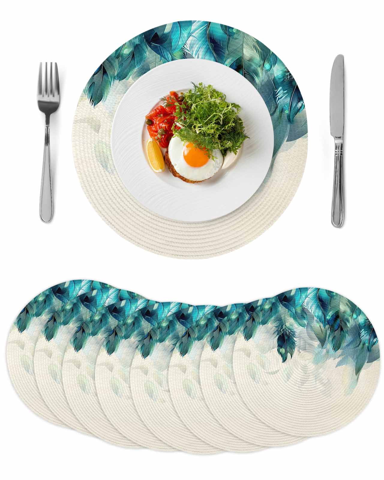 Teal Feather Round 13 Inch Placemats Set of 8, Farmhouse Feather Art ...