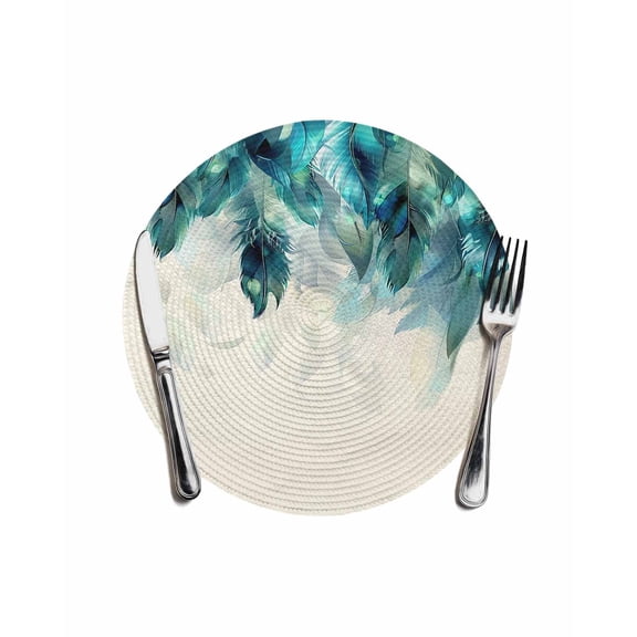 Teal Feather Round Placemats for Dinning Tables, Heat-proof Braided Table Mats 13 Inch, Farmhouse Feather Art Teal Ombre Washable Place Mat for Kitchen Restaurant Party Decor Supplies Table Setting