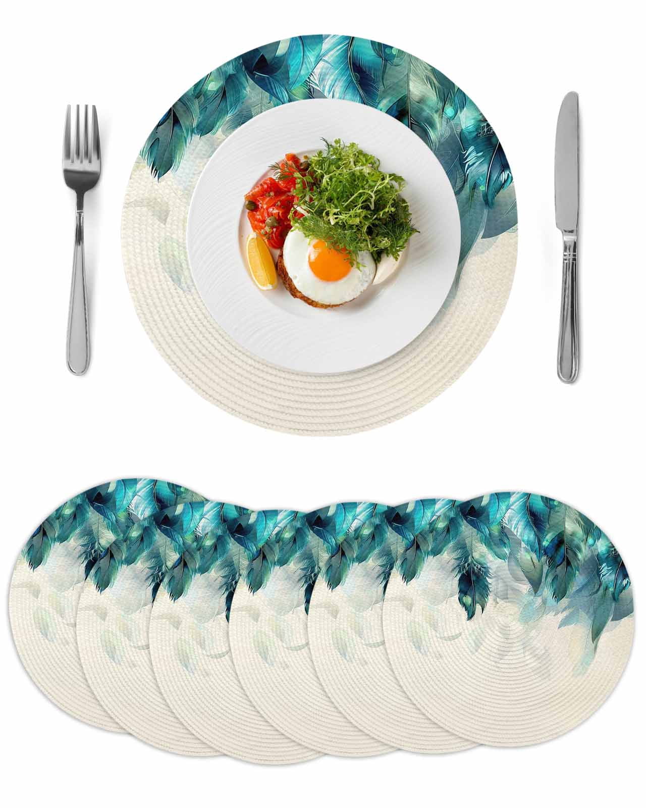 Teal Feather Round Placemats Set of 6 for Dinning Tables,Heat-proof ...