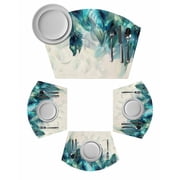 Teal Feather Round Table Placemats Set of 2 Wedge Placemats, Farmhouse Feather Art Teal Ombre Place Mats for Dining Table Set Washable Mats Kitchen Decor for Indoor Outdoor Wipe Clean