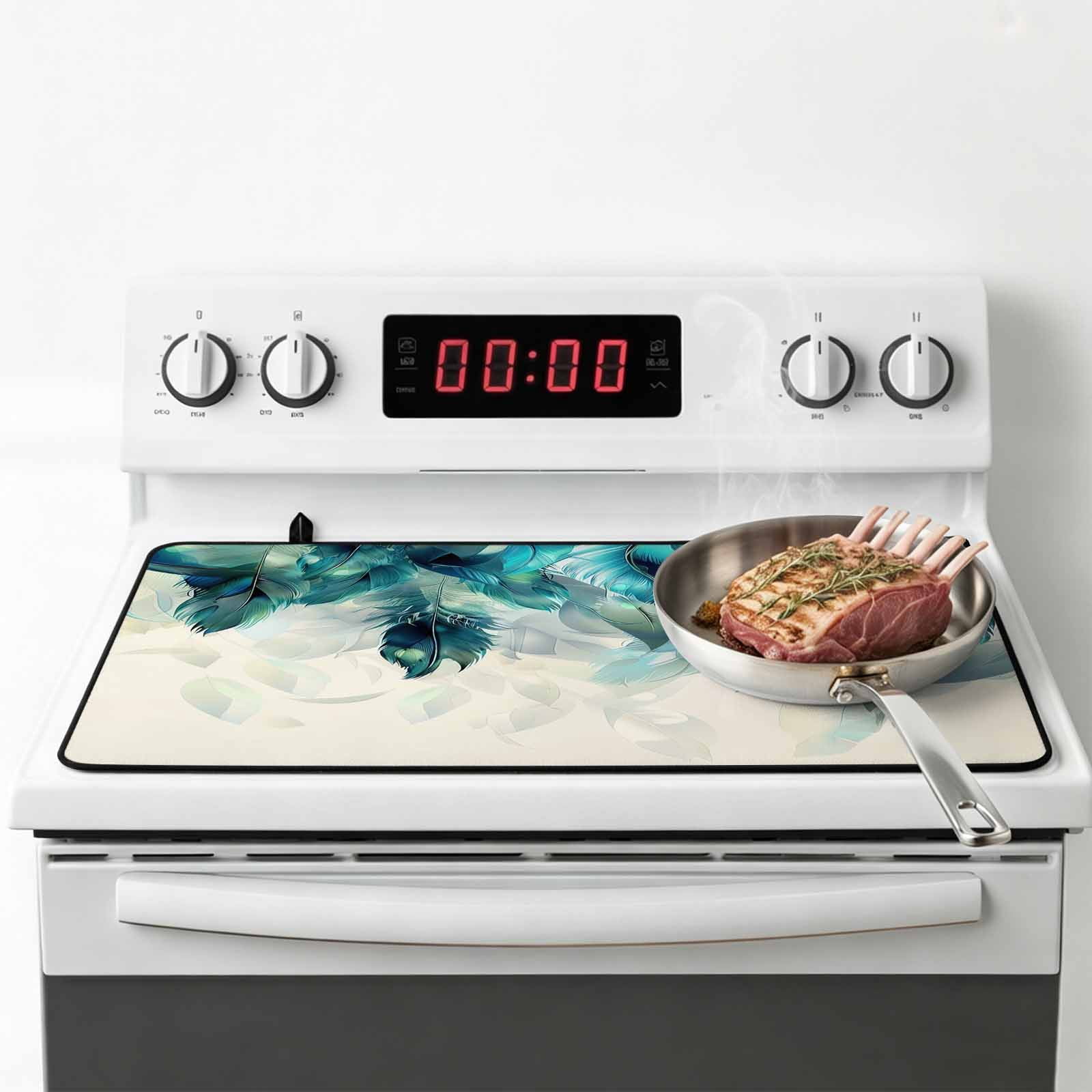 Teal Feather Stove Top Cover for Electric Stove, Heat-proof & Non Slip Glass Top Stove Cover Protector, Farmhouse Feather Art Teal Ombre Kitchen Flat Cooktop Rubber Mat 24x21 Inches