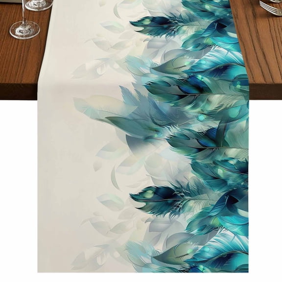 Teal Feather Table Runner 70 Inches Long, Farmhouse Feather Art Teal Ombre Cotton Linen Table Runners Dresser Scarves, Decorative Fabric Tabletop Scarf Furniture Cover for Home Dinner Party 13"x70"