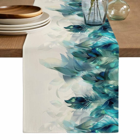 Teal Feather Table Runner, Farmhouse Feather Art Teal Ombre Washable Cotton Linen Table Runners 36 Inches Long, Dresser Scarf Runner for Nightstand/End Tables/Round Tables 13''x36''