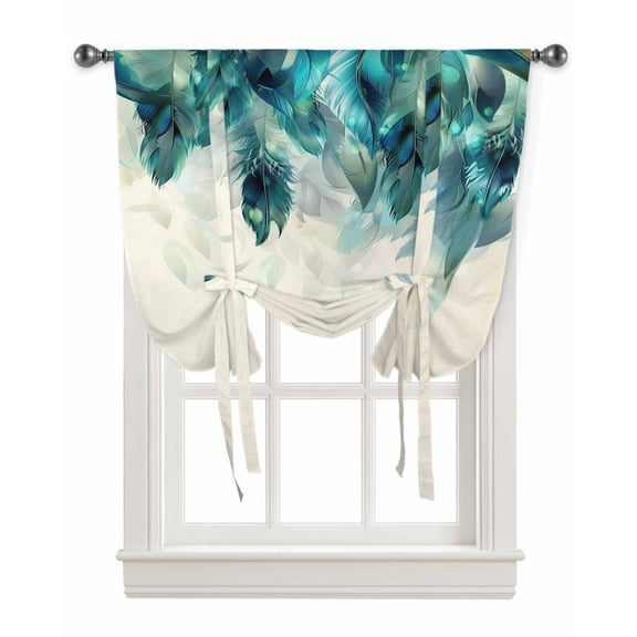 Teal Feather Tie Up Curtains for Kitchen Bathroom Bedroom Windows 45 Inch Length, Farmhouse Feather Art Teal Ombre Balloon Drape Curtains Shade Rod Pocket Drapery Curtain Panel, 34"x45"